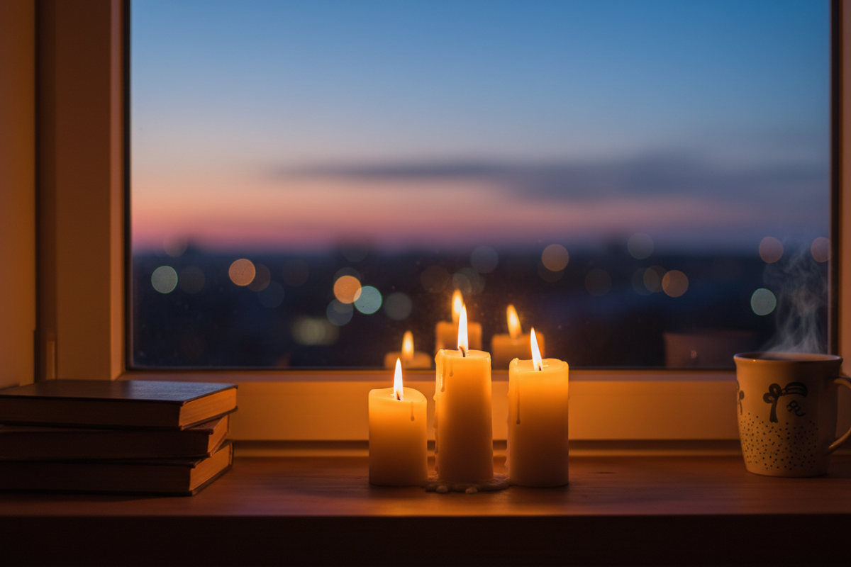 Lit Candles by Evening Window